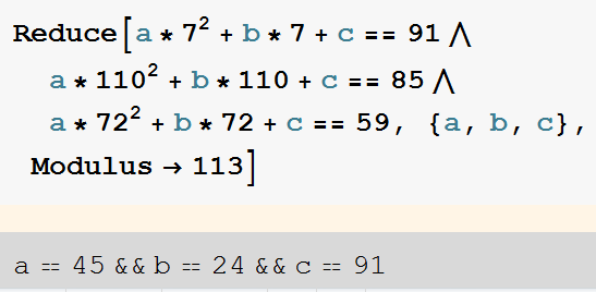 Esimerkki Shamirin järjestelmästä 1. Diskretisoidun paraabelin modulus q = 113. 2.