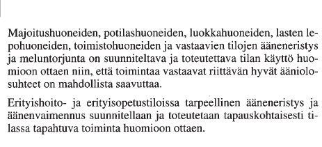 Ääneneristys - asuntojen välipohjissa = lähinnä askelääni RakMk C1(1998), Ääneneristys ja meluntorjunta rakennuksessa, määräykset ja ohjeet ASUNNOT: (Voimaan 1.1.2000) Askeläänitasoluku Ln,w maks.