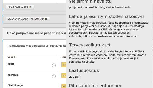 Sekä vaarakohtaiset lisätiedot niiden terveysvaikutuksista ja yleisyydestä.