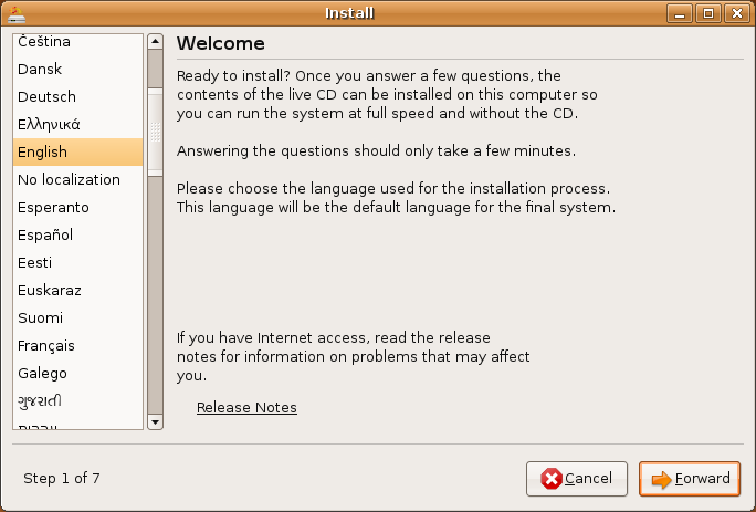 Ubuntu-linuxin asentaminen Asennetaan Ubuntun versio 8.04 LTS. LTS tarkoittaa pitkän tuen versiota.