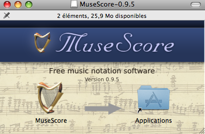 MacOSX Asennus Löydät Macin dmg-tiedoston MuseScoren Lataa -webbisivulta. Käynnistä lataus klikkaamalla linkkiä.