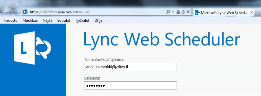 1 Web Scheduler portaali https://lync.next.aina.net/scheduler on Web Schedulerin portaali AinaUCX palvelussa. 1.