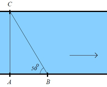 Ratkaisussa huomataan, että kuvaan muodostuu suorakulmainen kolmio ABC, jonka toinen kateetti on 30m ja toinen selvitettävä joen leveys l.