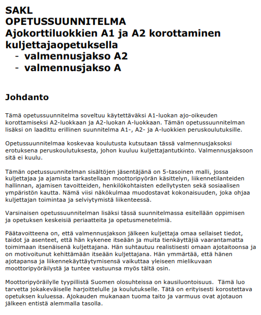 Ajokorttikoulutuksen opetussuunnitelmat