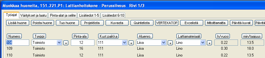 Tilojen/huoneiden tuonti Projektista Voit tuoda tiloja laskentaan jo aikaisemmin laskemaltasi projektilta.