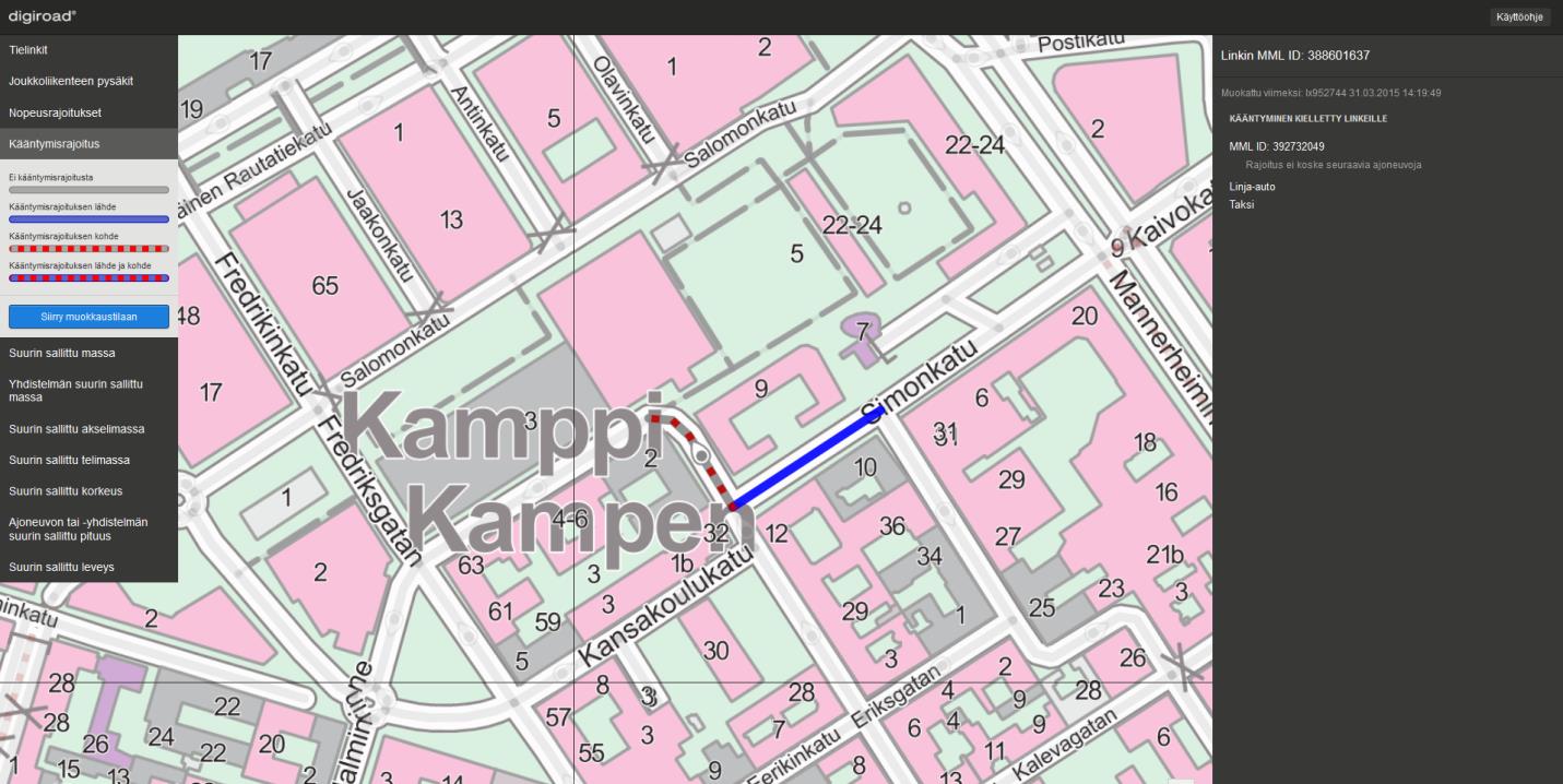 5. Ajoneuvokohtaiset poikkeukset ja ajalliset poikkeukset kääntymisrajoituksen voimassaolossa Digiroad-ylläpitosovelluksessa kääntymisrajoituksille on mahdollista lisätä