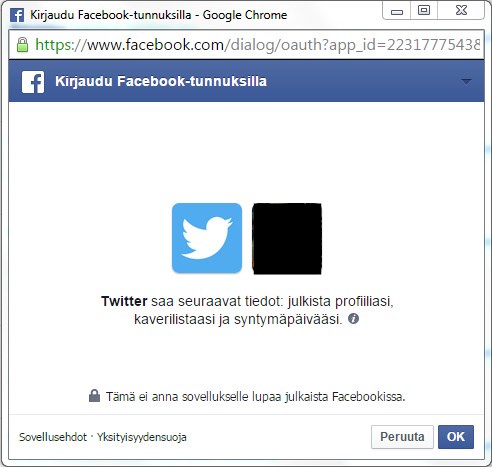 Jos olet jo kirjautuneena sisään Facebookiin selaimessasi, tätä kohtaa ei välttämättä kysytä, vaan sinut heitetään suoraa ehtojen hyväksymiseen. Nyt tilisi pitäisi olla linkitettynä Facebook tiliisi.
