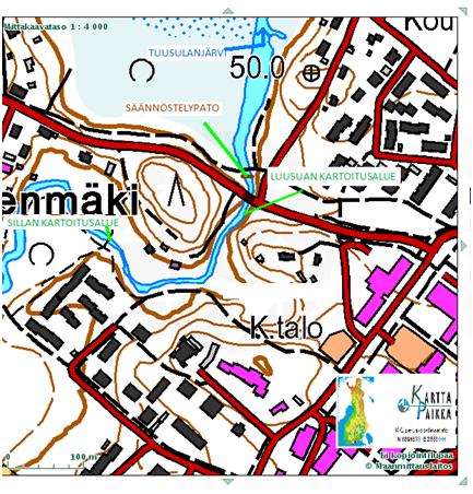 Kartta 1. Tuusulanjärven, säännöstelypadon, luusuan kosken ja Koskenmäen sillan kartoitusalueiden sijainti. Kartta 2. Myllykylänkosken kartoitusalueet.