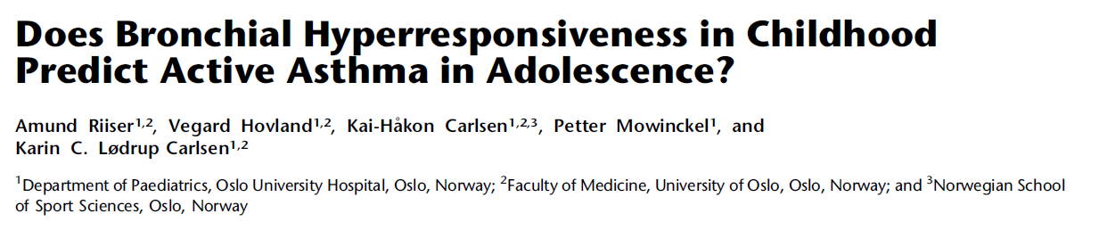 Norjalainen syntymäkohortti, 530/1215 lasta, metakoliinialtistus 10 v iässä ja kliininen tutkimus 16 v iässä DDA 10 v iässä (12%), 74% astma 16 v iässä, ei astmaa 10 v iässä, 10% astma
