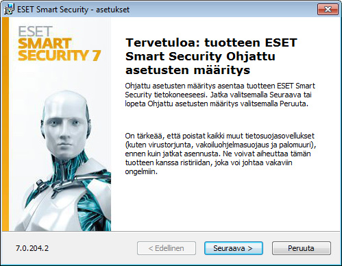 Asennus ESET Smart Security sisältää komponentteja, jotka saattavat olla ristiriidassa muiden tietokoneeseen asennettujen virustorjuntatuotteiden tai suojausohjelmistojen kanssa.