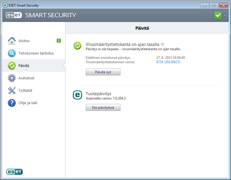 Päivitys Oletusarvoisesti ESET Smart Security on määritetty tekemään säännölliset päivitykset (lisätietoja on tuoteoppaan Ajastin-osassa).