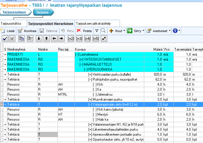 V10 tarjouslaskenta Uusi tarjoushierarkia Tarjouksen kerroinkäsittely Massamuutoskäsittely Tarjouksen laskelmaerittelyssä käytetään OCX-komponenttia,