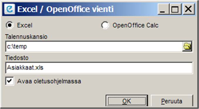 10.1 Asiakastiedot Exceliin Avautuvassa ikkunassa valitaan ensin se ohjelmapohja, mihin se halutaan avata. Vaihtoehtoja ovat Excel ja Openoffice Calc, joista pitää valita.
