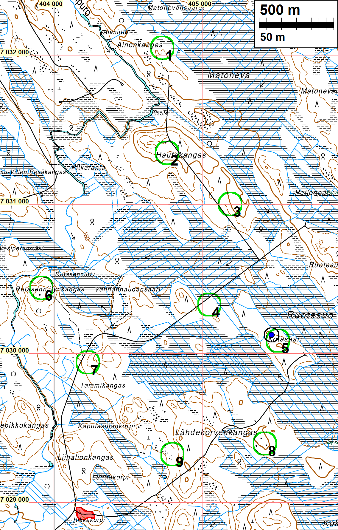 3 Yleiskartta Tuulivoimalapaikat vihreällä ympyrällä.