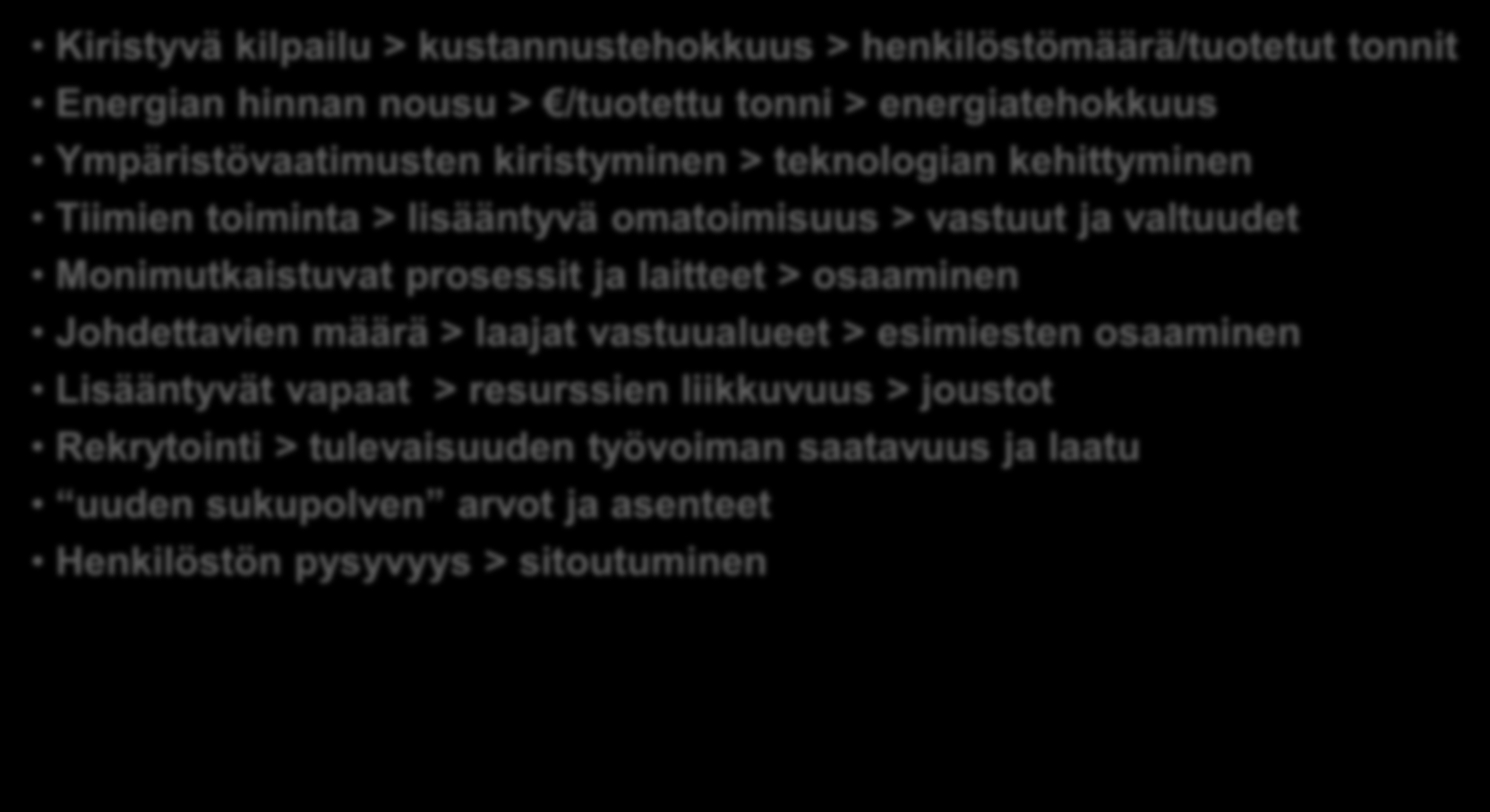 Tulevaisuuden haasteita / uhkia Kiristyvä kilpailu > kustannustehokkuus > henkilöstömäärä/tuotetut tonnit Energian hinnan nousu > /tuotettu tonni > energiatehokkuus Ympäristövaatimusten kiristyminen