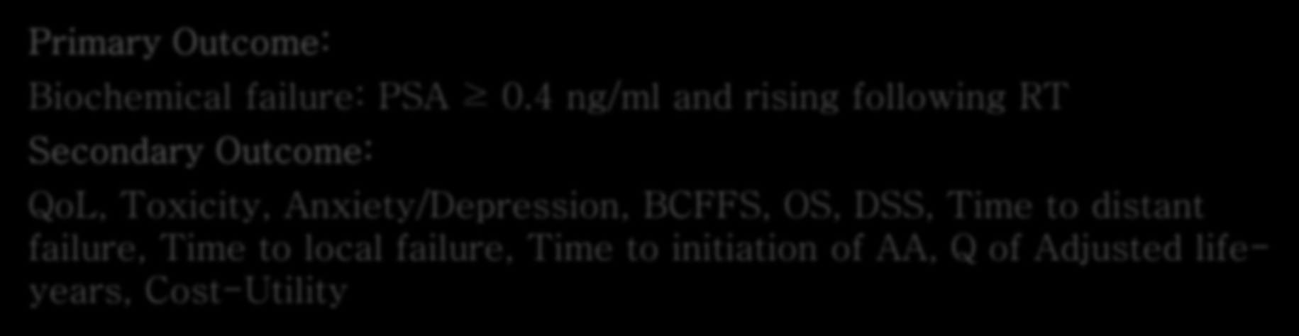 Radiotherapy - Adjuvant Versus Early Salvage (RAVES) NCT00860652 Aloitettu 03/2009; arvioitu valmistuminen 12/2020 RP T3a/T3b PSA < 0.1 ng/ml n=470 R Adjuvantti EBRT 64 Gy < 4 kk AS PSA > 0.