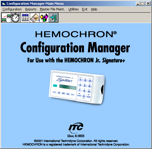 Valikot HEMOCHRON Configuration Manager -ohjelman toimintojen valikot for näytetään pääikkunan yläosassa: Kunkin valikon käyttö on kuvattu alla: Valikko Tarkoitus Configuration Konfigurointi.