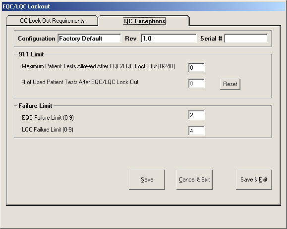 QC Exceptions (laadunvalvontamääritysten ajon poikkeuksien määrittely) 1. Valitse Lock-Out Control (käyttöoikeuksien hallinta) -valikko Configuration Module - näytöltä.