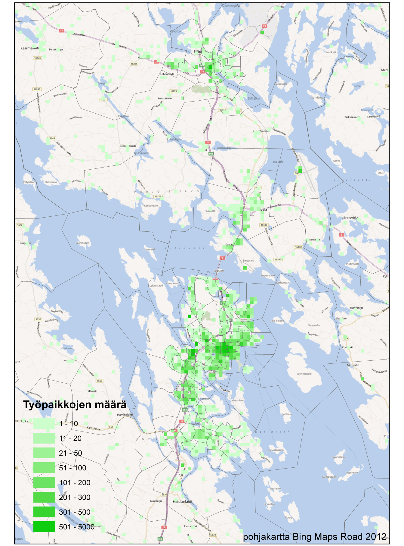 Kuva 4.10 Työpaikkojen sijainti 250 metrin tilastoruudukolla vuonna 2009 Kuopion keskustaajamassa ja Siilinjärvellä (YKR/SYKE, Tilastokeskus).