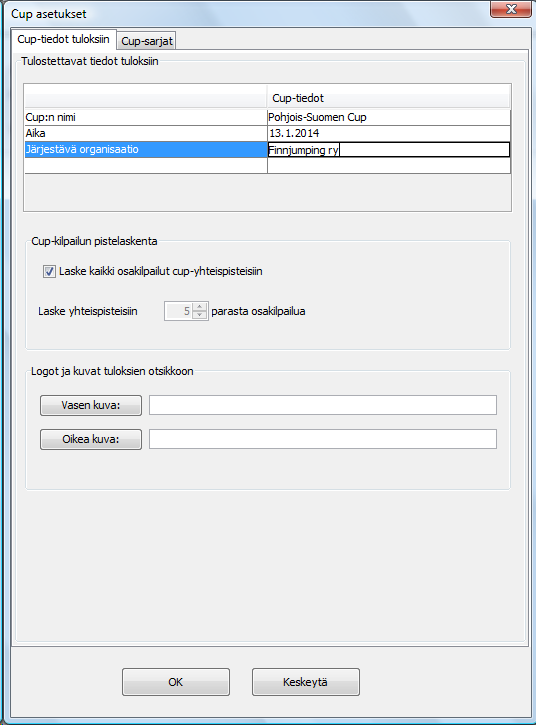 Kuva: Cup-asetukset: tiedot tuloksiin. 6 Cup-sarjat Tältä välilehdeltä voit määritellä cup-sarjat (nimi ja laji). Oikean puoleisessa listassa esitetään cupiin valitut sarjat.