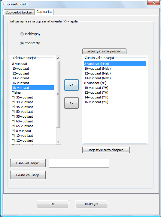Kuva: Cup-sarjojen määrittäminen. Voit lisätä ja poistaa myös valmiiksi tehtyjä valittavia sarjoja Lisää val. sarja ja Poista val.