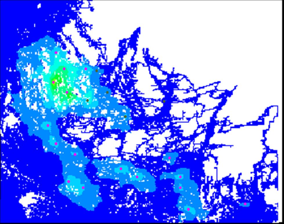 Vesiviljelyn sijainninohjaussuunnnitelma ymparistöslostus Kuva 19. Leväpitoisuuden kasvu mallinnetuilla vesialueilla.
