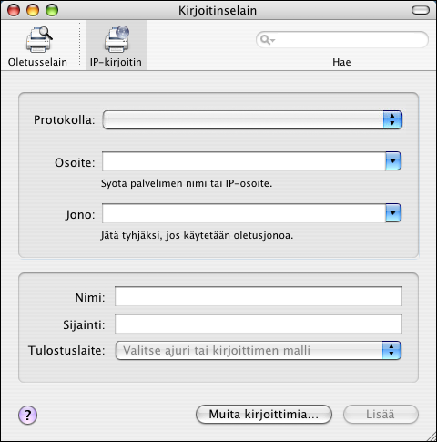 TULOSTAMINEN MAC OS X -KÄYTTÖJÄRJESTELMÄSTÄ 22 3 Näppäile ipp/ ja sen jälkeen tulostusyhteys (print, hold tai direct tai näennäistulostimen nimi) pienin kirjaimin Jono-kenttään.