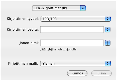 TULOSTAMINEN MAC OS X -KÄYTTÖJÄRJESTELMÄSTÄ 25 TULOSTIMEN LISÄÄMINEN KÄYTTÄMÄLLÄ LPD-/LPR-YHTEYTTÄ 1 Valitse luettelosta LPR-kirjoittimet (IP). LPR-kirjoittimet (IP) -ruutu tulee näkyviin.