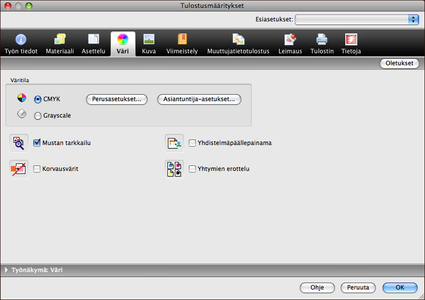 TULOSTAMINEN MAC OS X -KÄYTTÖJÄRJESTELMÄSTÄ 33 17 Osoita Väri-symbolia ja määritä työn väriprofiiliasetukset. Valitse Väritila-alueella työn väritila.