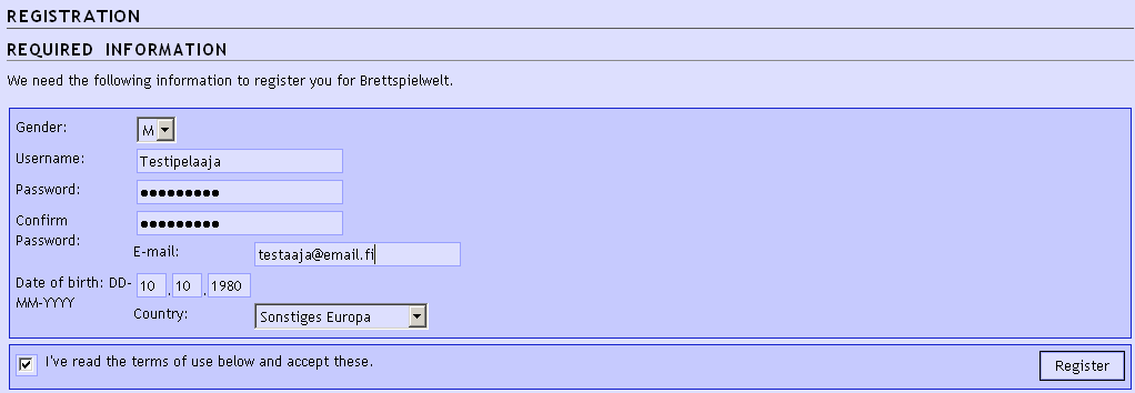 Näyttöön aukeaa BSW:n Community-osiosta Registration-sivu. Sivun yläosassa olevat tiedot ovat pakollisia.