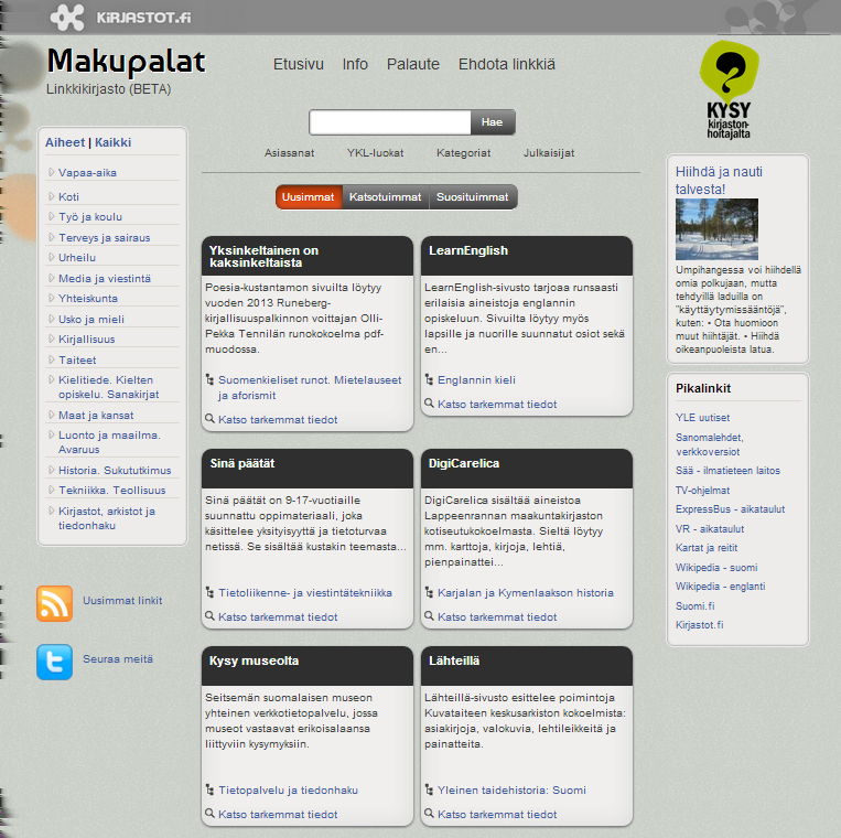 20 Aihehakemisto Makupalat http://makupalat.kirjastot.fi/ Makupalat on kotimainen kirjaston ylläpitämä aihehakemisto, johon on koottu eri aiheisia internet- linkkejä.