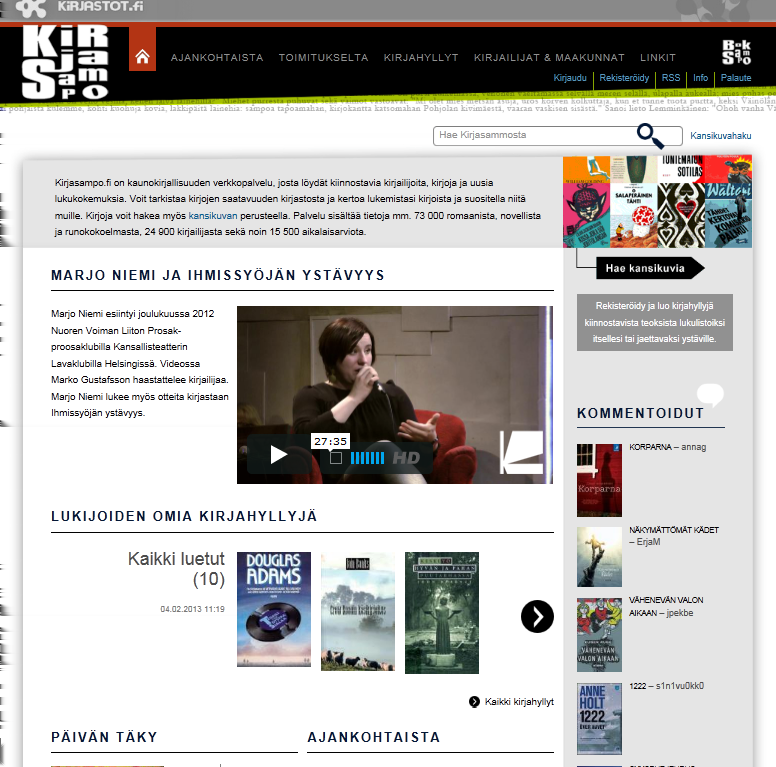 21 www.kirjasampo.fi/ Kirjasampo on kirjastojen ylläpitämä kotimaisen kaunokirjallisuuden sivusto. Se esittelee kirjailijoita ja kirjoja, romaaneja, novelleja ja runoutta.
