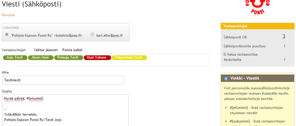Järjestelmä varoittaa myös lähetettäessä keiden sähköposti ei ole kunnossa tai kuka ei halua vastaanottaa viestejä (valinta omissa jäsentiedoissa).