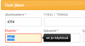 2.1.1 Mahdollisia ongelmatilanteita: Järjestelmä herjaa jäsennumerosta: Joku toinen käyttäjä oli nopeampi ja sai saman esitäytetyn numeron käyttöönsä. Kasvata numeroa yhdellä ja kokeile uudestaan.