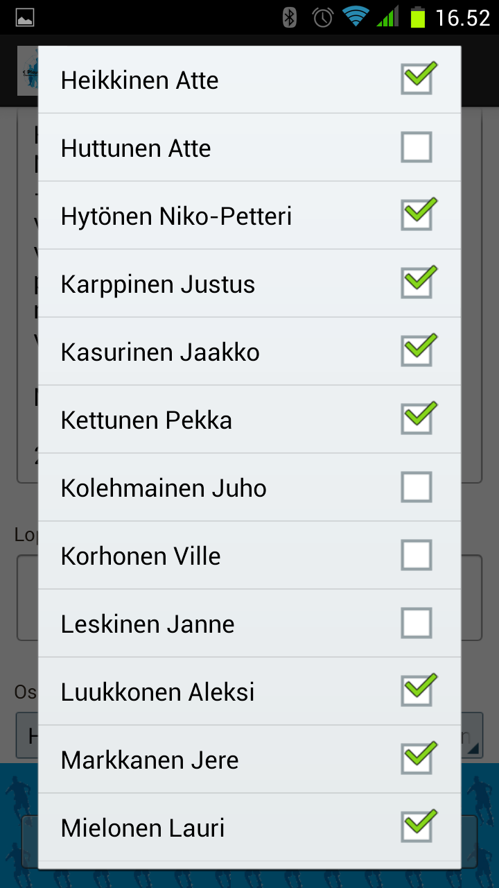 Harjoitustapahtuman osallistujat Harjoitustapahtumassa mukana olevat pelaajat voidaan valita listasta.