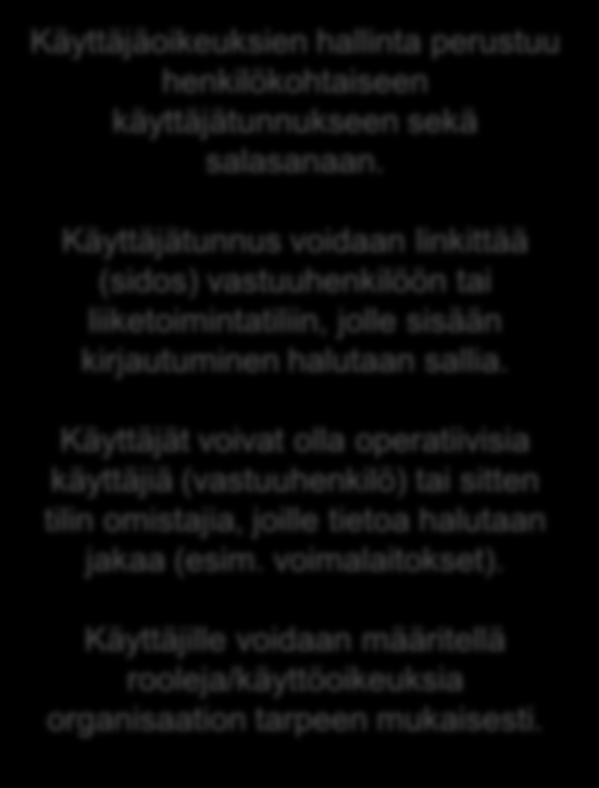 Toimijoiden hallinta - Käyttäjätilit - Käyttäjäoikeuksien hallinta perustuu henkilökohtaiseen käyttäjätunnukseen sekä salasanaan.