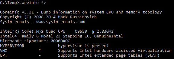 If SLAT is missing, Hyper-V cannot be enabled. The available features of the CPU can be checked beforehand using the coreinfo utility as follows. 1.