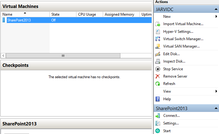 Down... 43. Accept the warning. Hyväksy varoitus klikkaamalla Shut Down. 44. In Hyper-V Manager select virtual machine SharePoint2013 and click Settings.