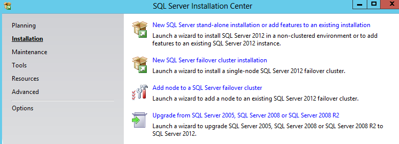 23. SQL Server Installation Center aukeaa. Valitse Installation. The SQL Server Installation Center opens. Select Installation. 24.