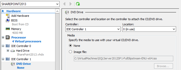 53. Valitse IDE Controller 1: DVD Drive. Valitse None. Klikkaa OK. In Settings select IDE Controller 1: DVD Drive. Select None. Click OK. 54. Valitse SharePoint2013-virtuaalikone ja sitten Checkpoint.