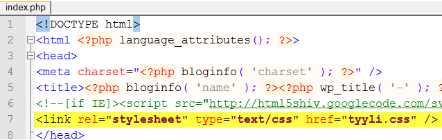 Sitten muokataan tiedostoa index.php. Ensin laitetaan sivuston kieli kohdalleen. Muutetaan keltaisella merkitty kohta. Sen tilalle laitetaan alla oleva koodi. <html <?php language_attributes();?