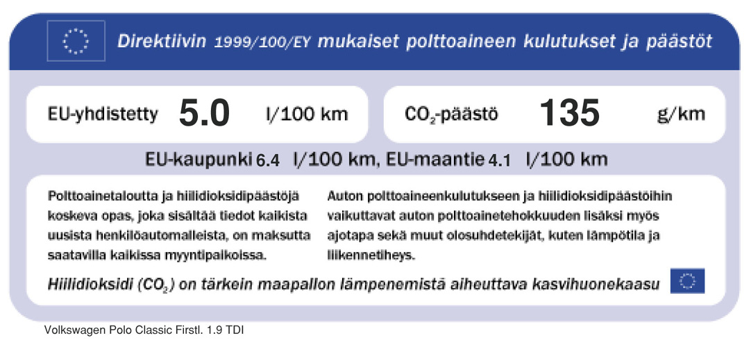 Suomessa käytössä oleva energiamerkintä: EU-kaupunkikulutus on tutkimuslaitoksessa mitattu arvo, joka on saatu kaupunkiajoa simuloivassa 4,05 km pituisessa mittausajossa.