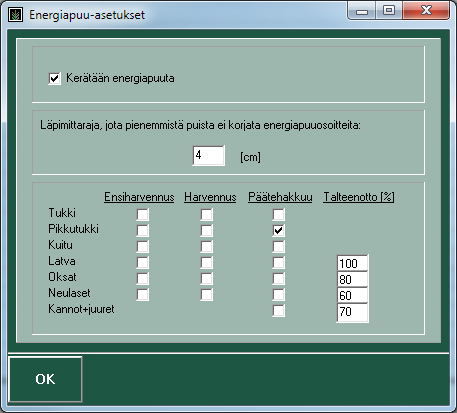 2.13 Energiapuu korjuu/talteenotto Aktivoi energiapuukorjuu tästä Aseta läpimittaraja, mitä pienemmät puut jätetään energiapuu käsittelyn ulkopuolelle.