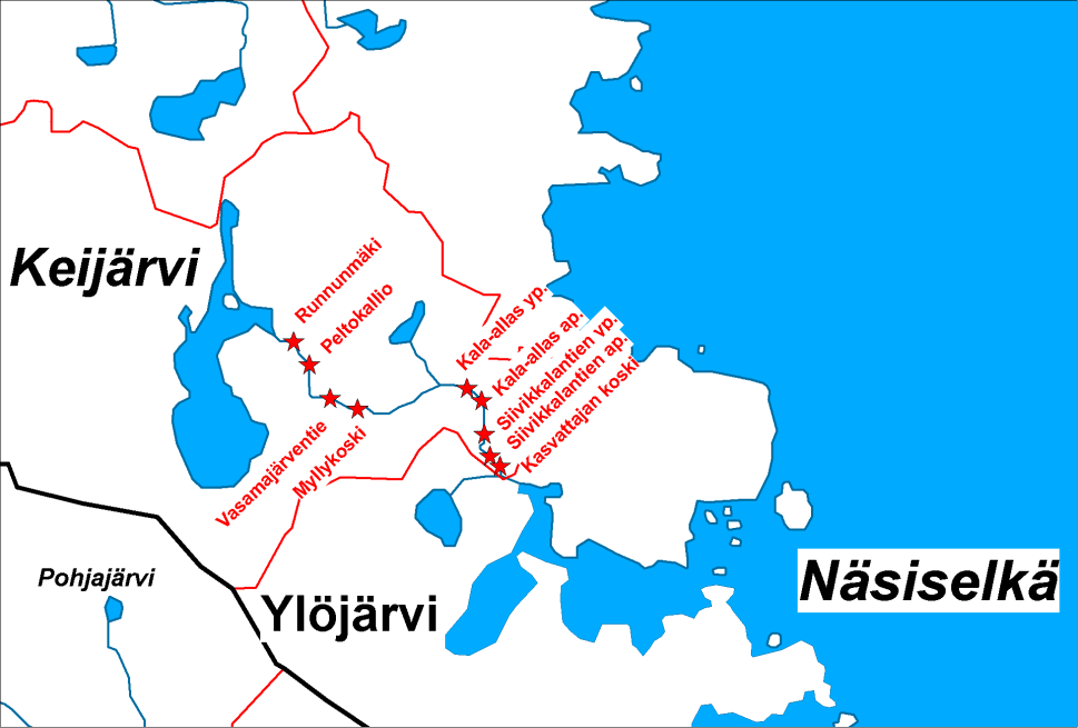 4 Kuva 4.1. Sähkökoekalastusalojen sijoittuminen Myllypurossa vuonna 2014. Sähkökalastukset toteutettiin kahden koekalastajan voimin.