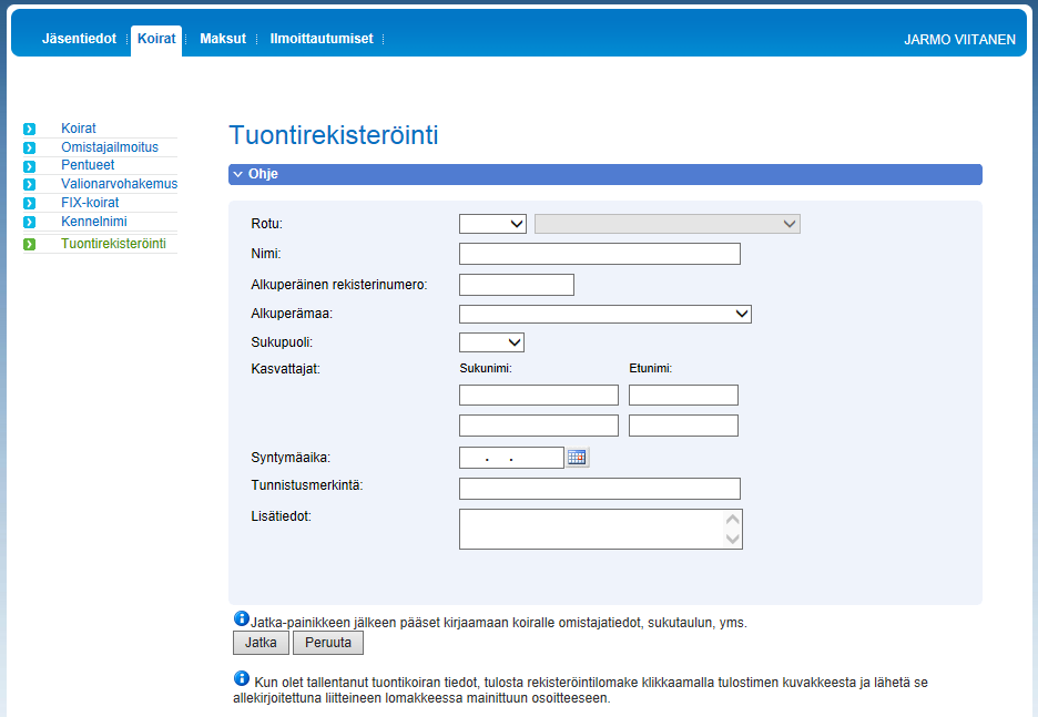 Suomen Kennelliitto ry. 16.5.2014 27(32) Tuontikoiran rekisteröinti Voit ilmoittaa tuontikoirasi tiedot sen rekisteröintiä varten Omakoira-palvelussa ja näin nopeuttaa rekisteröintikäsittelyä.