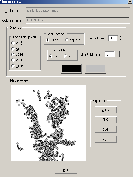 Spatialite-gui:n kartan esikatselu -toiminnolla voidaan tarkastella taulussa olevia