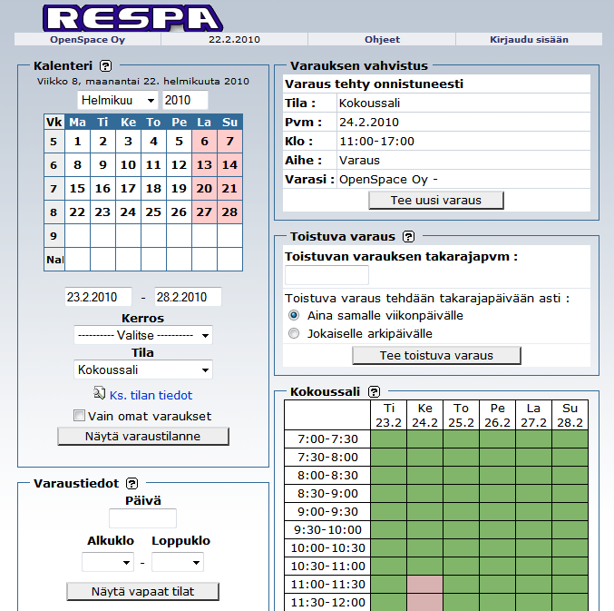 1 Respa tilanvaraussovellus Selainkäyttöistä Respa -tilanvaraussovellusta voidaan käyttää esim. kokous- ja liikuntatilojen varausten tekemiseen.