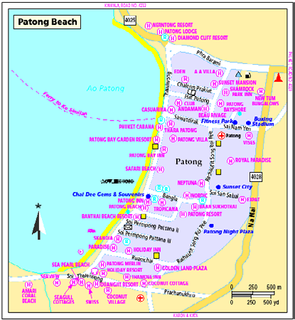 Kuva 22. Patong Beachin kartta. New Holland Publishers (UK) Ltd Kamala Beach on noin 10 km pohjoiseen Patong Beachistä, josta sen erottaa niemi. Siellä oli 103 Tjareborgin asiakasta.