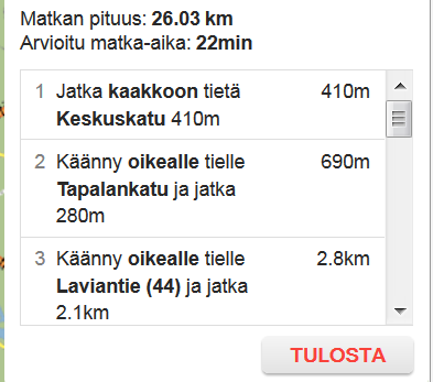 Matkan voi laskea esim. Fonectan reittihakupalvelun avulla. Se löytyy osoitteesta fonecta.fi. Palvelu on ilmainen eikä käyttö edellytä edes rekisteröitymistä.