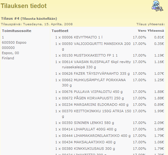 Näytölle avautuu aikaisempi tilaus. Mene tilauksen alareunaan ja paina nappulaa Toista tilaus.